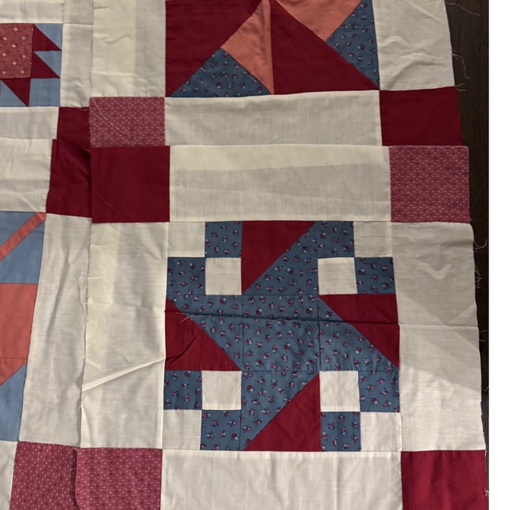 Handmade Quilt Top Panels 12 Vintage Patchwork Red White Blue Cotton - Picture 2 of 16